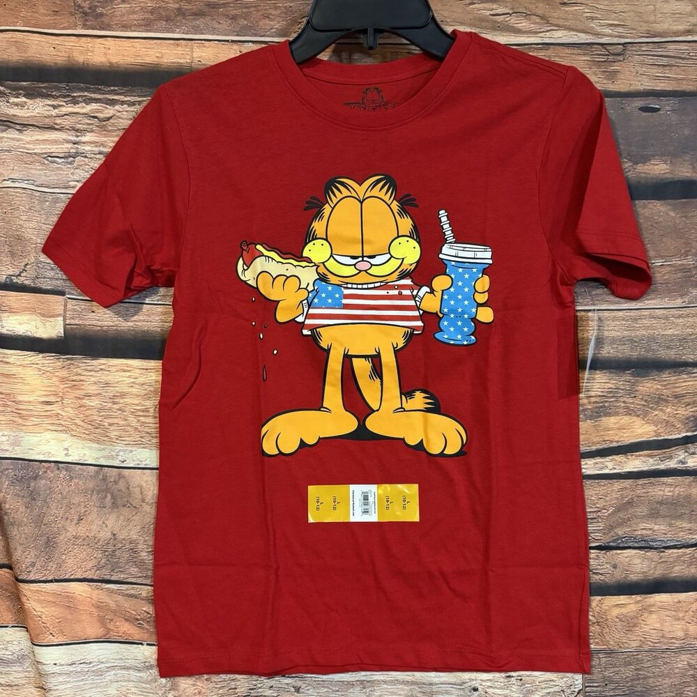 Garfield Nickelodeon Boys Shirt L 10 12 Red 4th of July Patriotic Hot Dog NWT